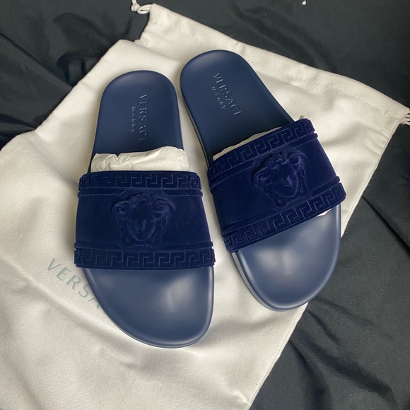 blue versace slides
